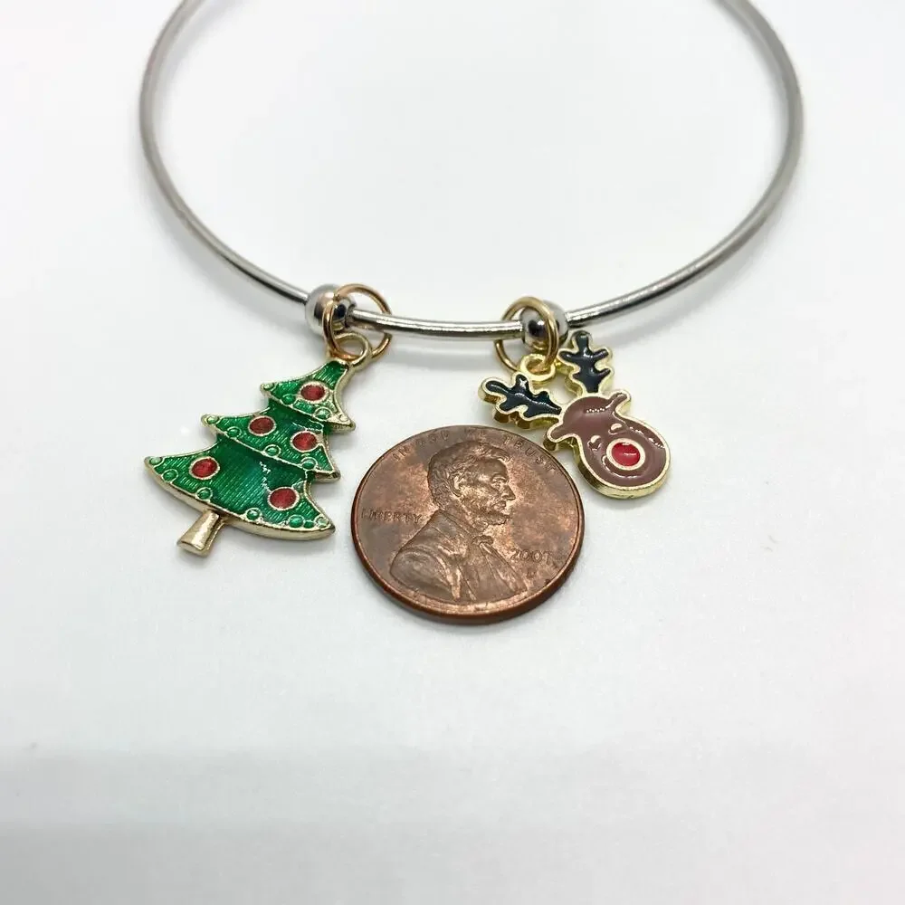 Rudolph the Red-Nosed Reindeer and Christmas Tree Bangle Charm Bracelet